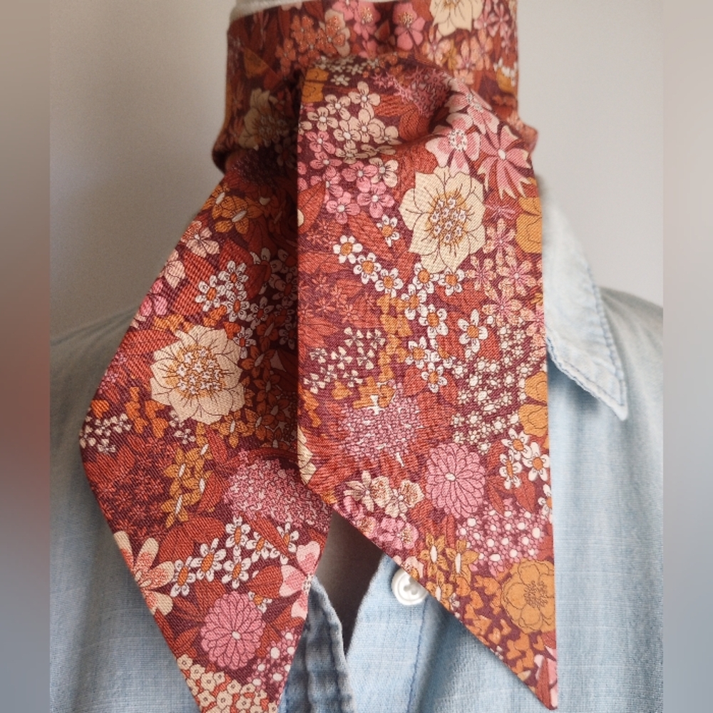 Liberty Art Fabric Tana Lawn Skinny Scarf Ciara Terra Cotta Gold Floral Bespoke - Picture 6 of 13